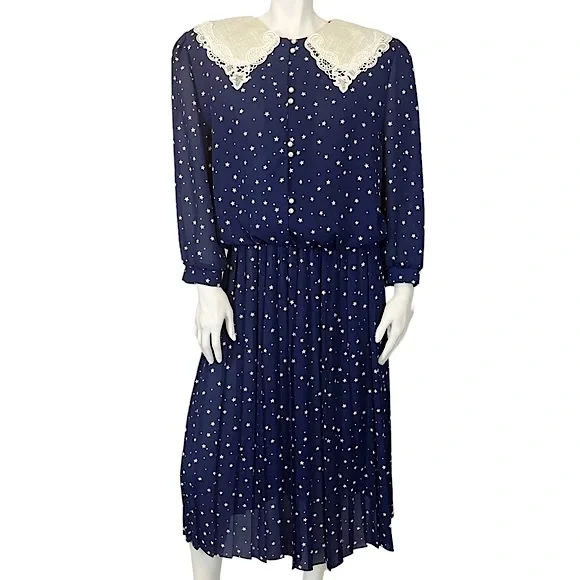 Vintage Dresses | Vintage Starry Night Navy Blue Oversized Lace Collar Button Front Pleated Midi | Color: Blue/White | Size: L | Shopboomboxx's Closet
